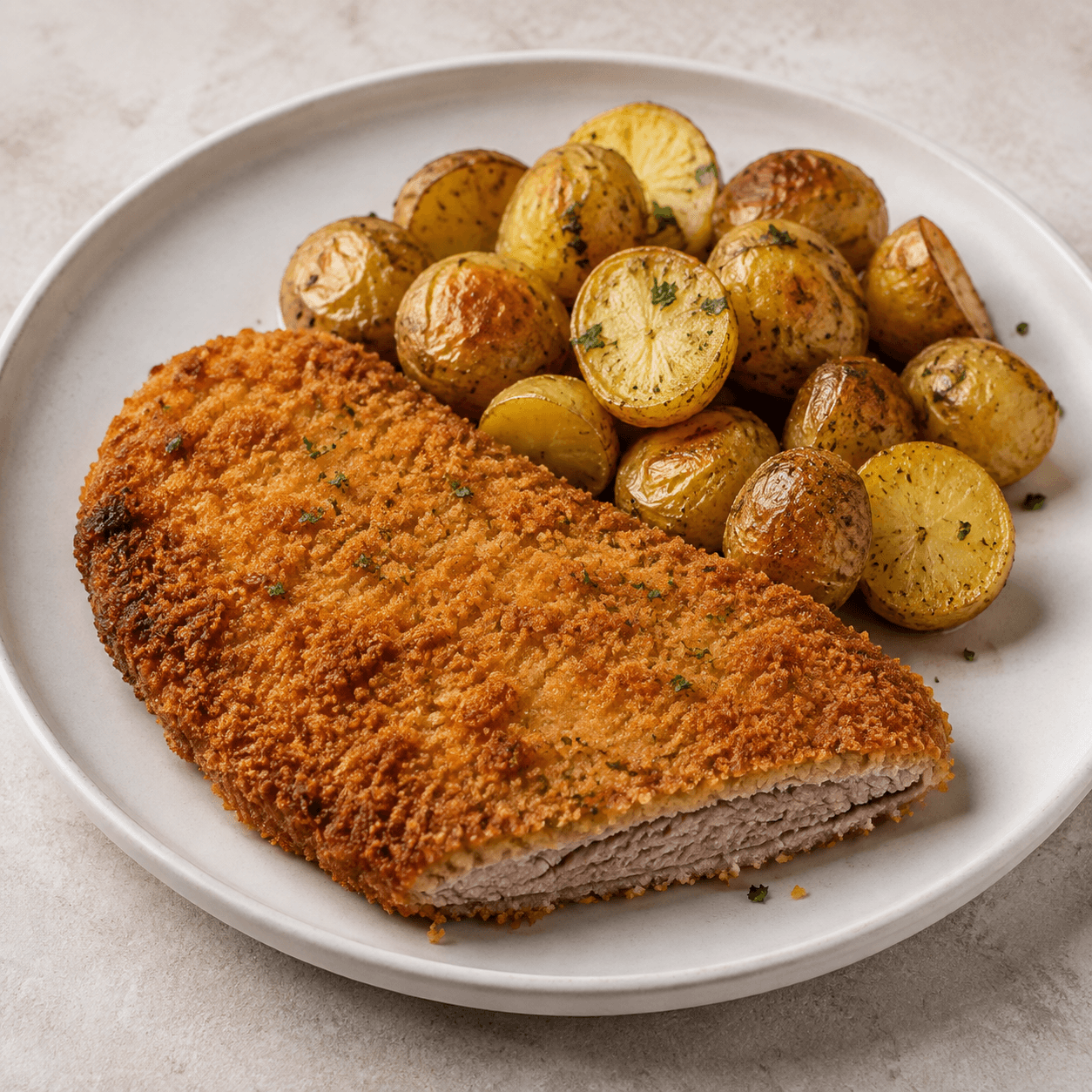 Milanesa de bife de chorizo con papines
