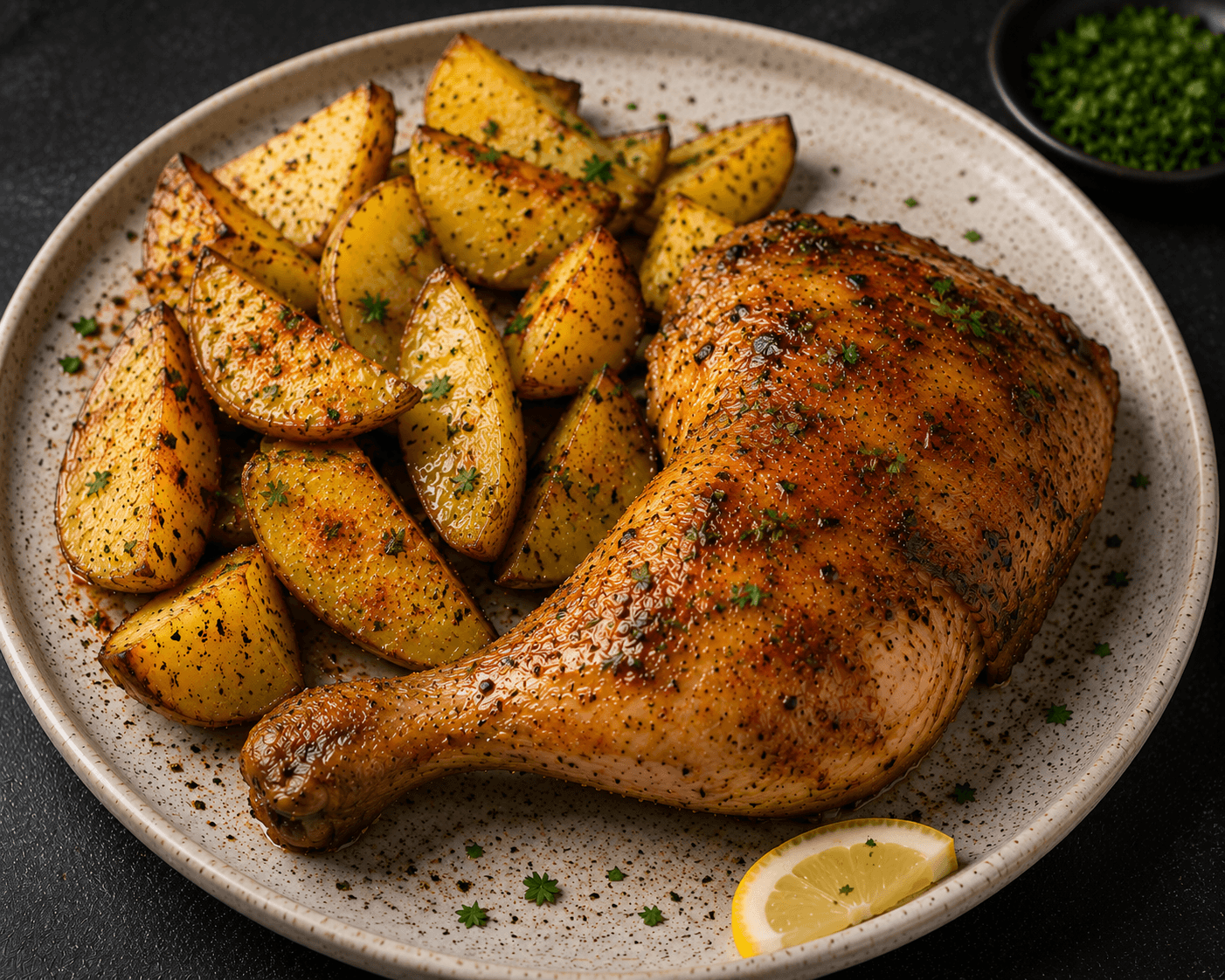 Pata y muslo con papas al horno