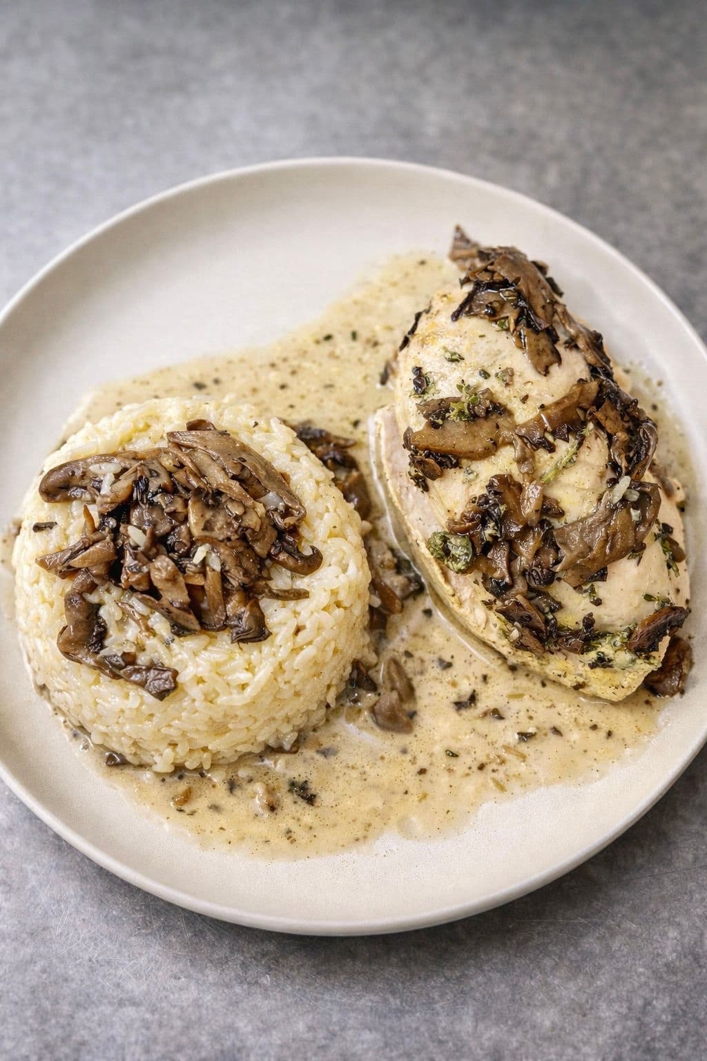 Pollo braseado con crema de hongos y arroz cremoso