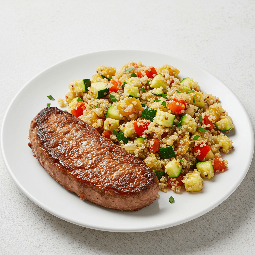 Bife de chorizo con revuelto de quinoa, zapallito, cebolla y morrón
