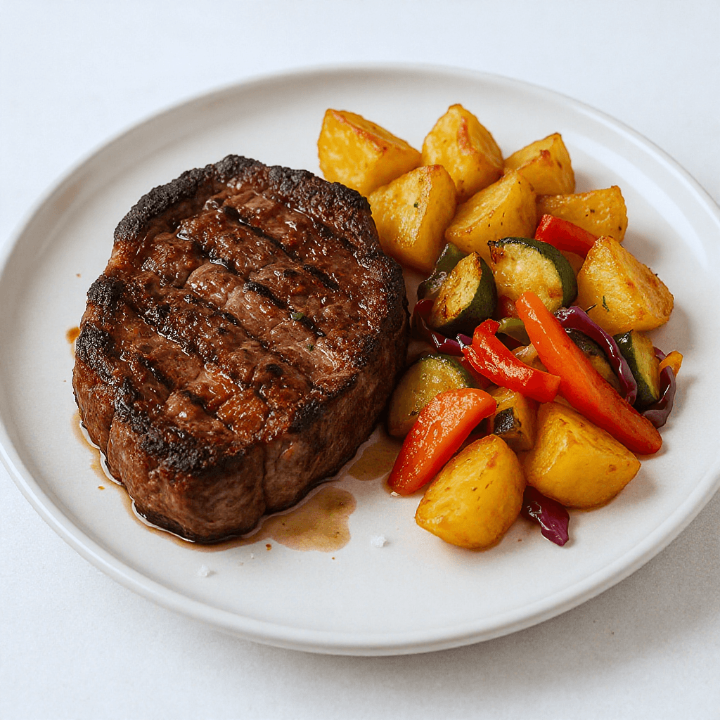 Bife de chorizo mix de vegetales y papas rústicas