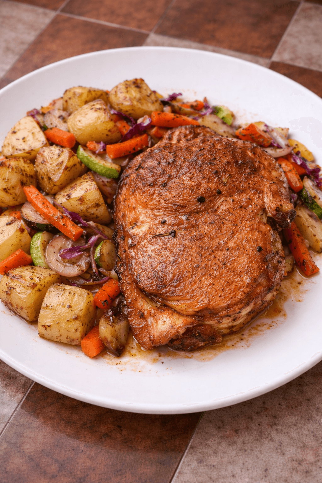 Bife de chorizo con mix de vegetales y papas rústicas