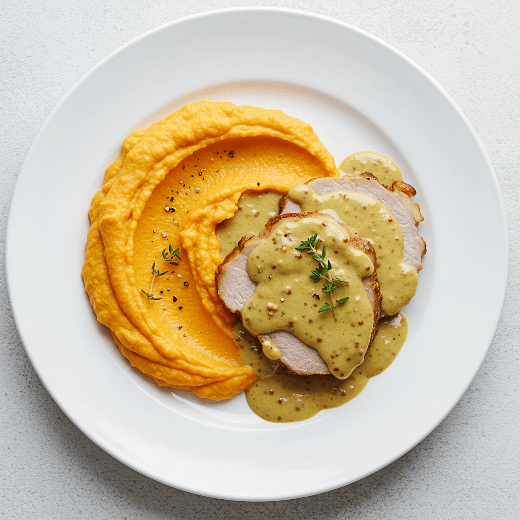 Bondiola a la mostaza con cremoso de batatas