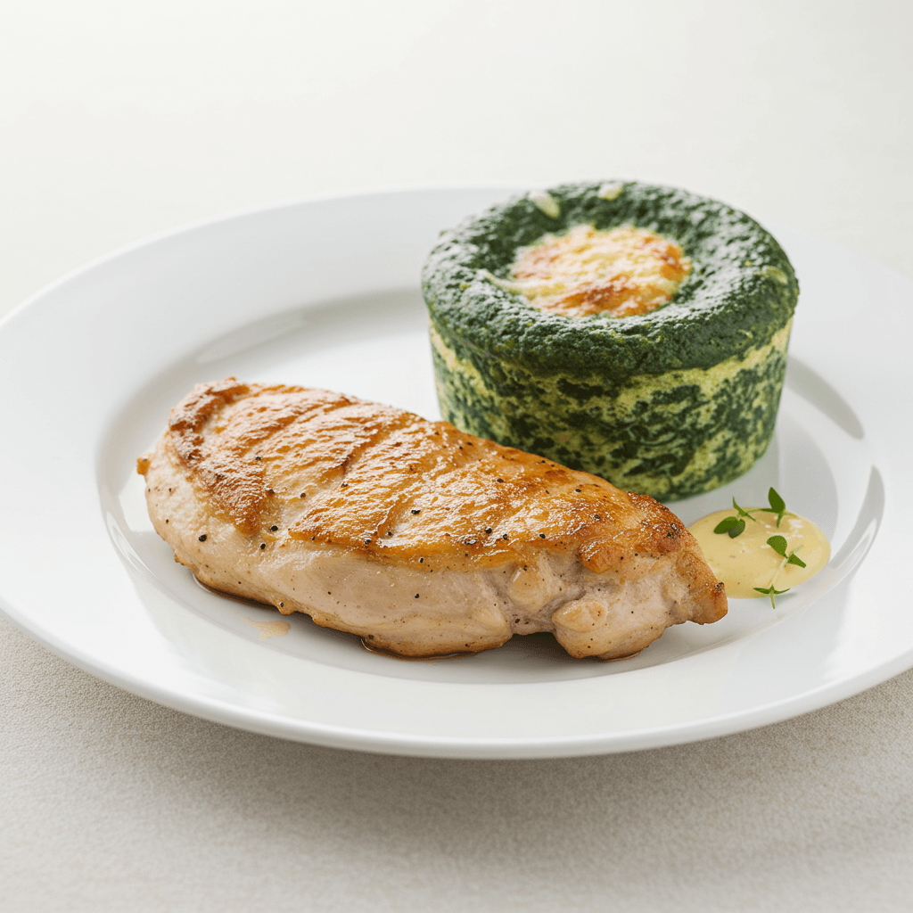 Churrasquito de pollo al limón con soufflé de espinaca