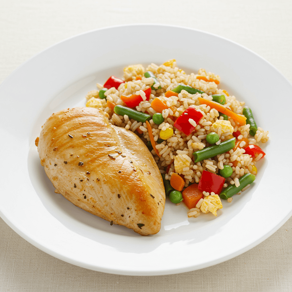 Pechuga de pollo con arroz salteado con vegetales