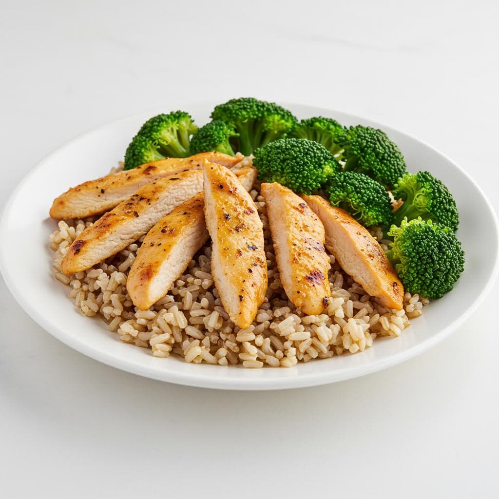 Tiras de pollo marinadas con brócoli y arroz yamani