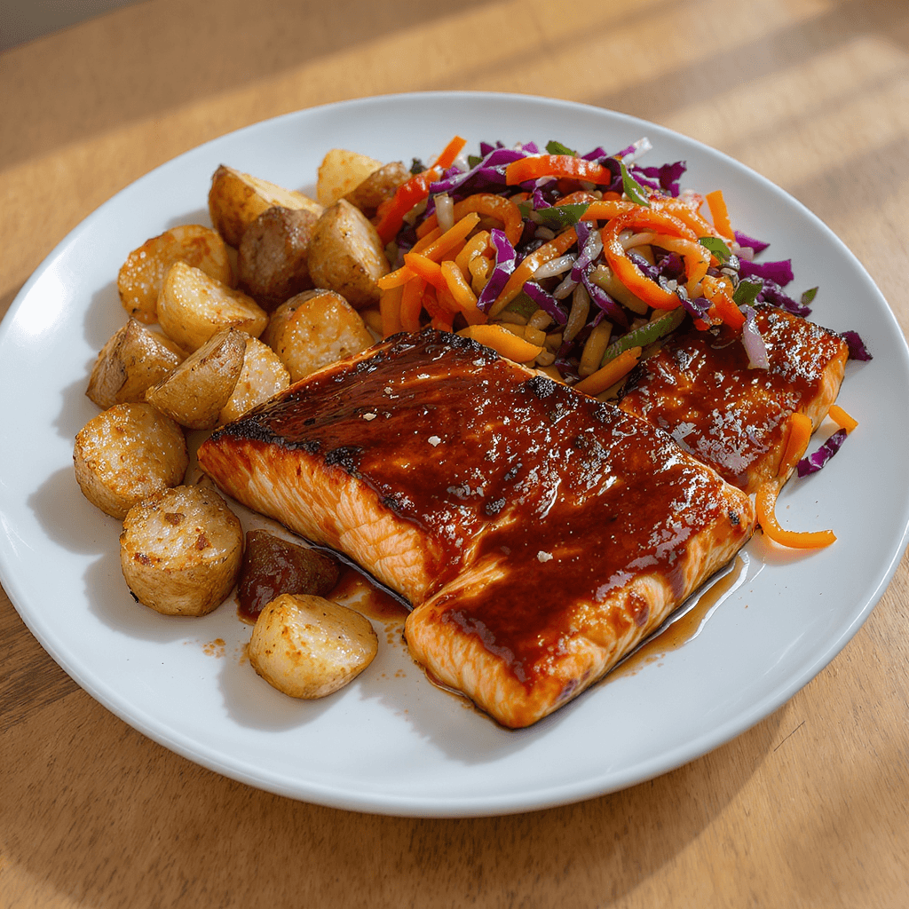 Salmón al horno con papas rústicas y mix de vegetales
