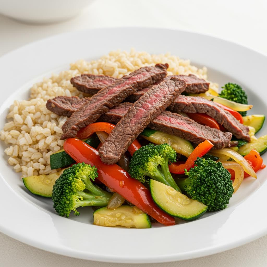 Mix de vegetales salteados con tiras de ternera y arroz integral