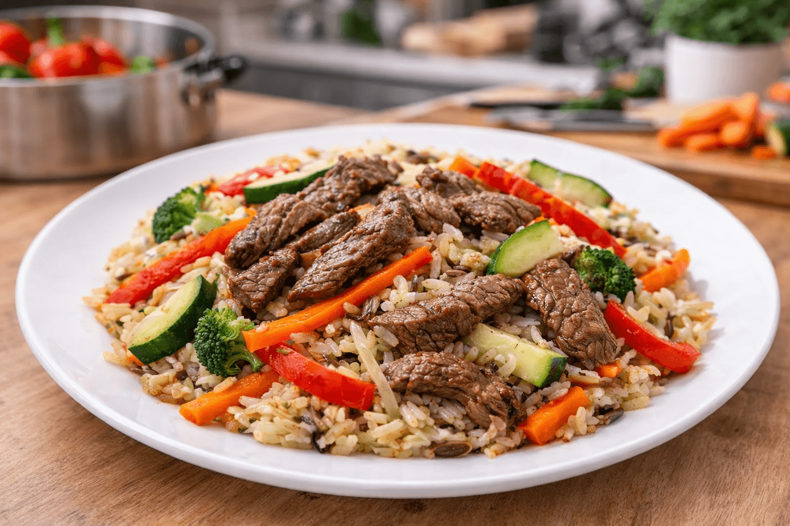 Mix de vegetales salteados con tiras de ternera y arroz integral